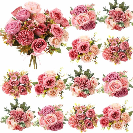 Zeyune 12 Bundles Artificial Peonies Flowers Artificial Silk Rose Faux Dahlia Fake Chamomile Hydrangea Bouquet Bulk for Vase Home Wedding Centerpiece Party Decoration (Dust Rose,Petal Dust)
