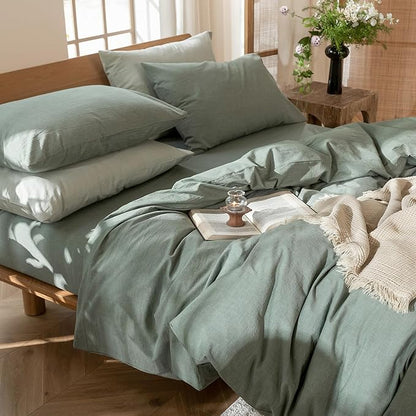 MooMee Bedding Duvet Cover Set 100% Washed Cotton Linen Like Textured Breathable Durable Soft Comfy (Heathered Green, Full 80"x90")
