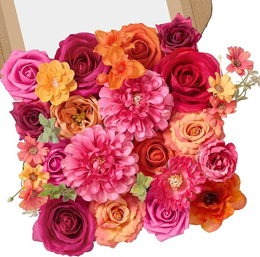 Alecono Artificial Flowers, Orange and Hot Pink Silk Fake Flowers for DIY Wedding Bouquets, Cake Flowers for Table Centerpieces Party Home Decorations