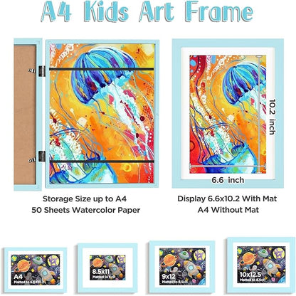KINLINK A4 Kids Art Frames Set of 2, Solid Wood Kids Artwork Frames Changeable with Acrylic Front Opening Holds 150 Pictures, Art Frame for Kids Artwork with Mat or without Mat, Light Blue