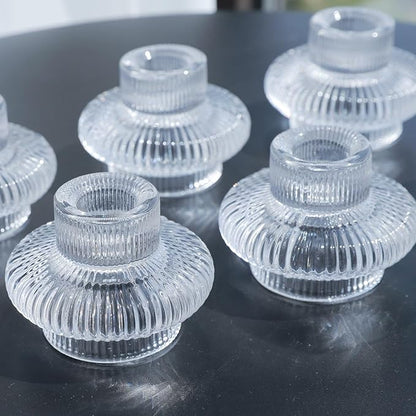 VOHO 12pcs Taper Candle Holders Ribbed Glass, Stylish Boho Candle Holder Stackable and Reversible for Candlesticks & Votive Candles, Clear Candle Sticks Holder Decor for Dining Table Centerpiece
