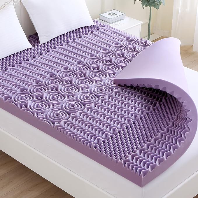 MUXHOMO 3-Inch King Mattress Topper, 7-Zone Egg Crate Foam for Back Pain Relief, Cooling Gel-Infused Lavender Bed Pad, CertiPUR-US & Oeko-TEX Certified