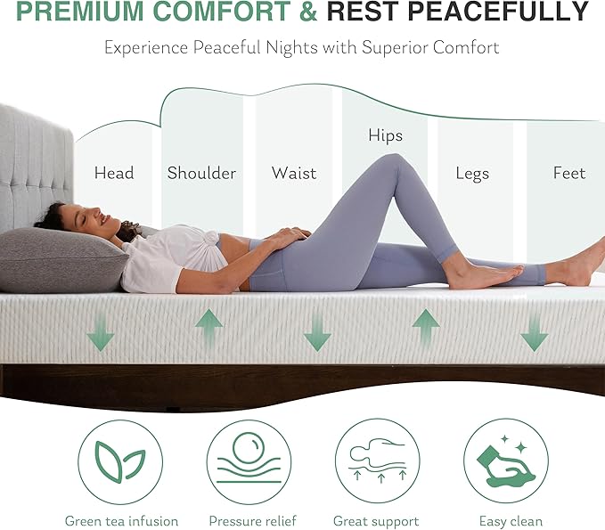Twin Mattress in a Box, 12 inch Mattresses Made in USA for Kids Bed Single Size Daybed Individual Bunk, Green Tea Memory Foam Mattress for Cool Sleep & Pressure Relief, Medium Firm