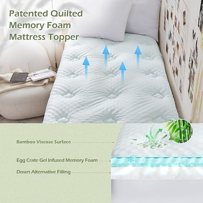 Hansleep Twin Mattress Topper Viscose Derived from Bamboo, Memory Foam Pillow Top Mattress Topper Twin with Deep Pocket, Breathable Mattress Pad for Back Pain Relief, 39" x 75", White