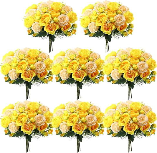 Geosar 8 Bundles Artificial Peonies Flowers Fake Silk Peony Bouquet Faux Peonies Flowers Bulk for Decoration Vase Floral Arrangements Wedding Party Table (Yellow,Champagne)