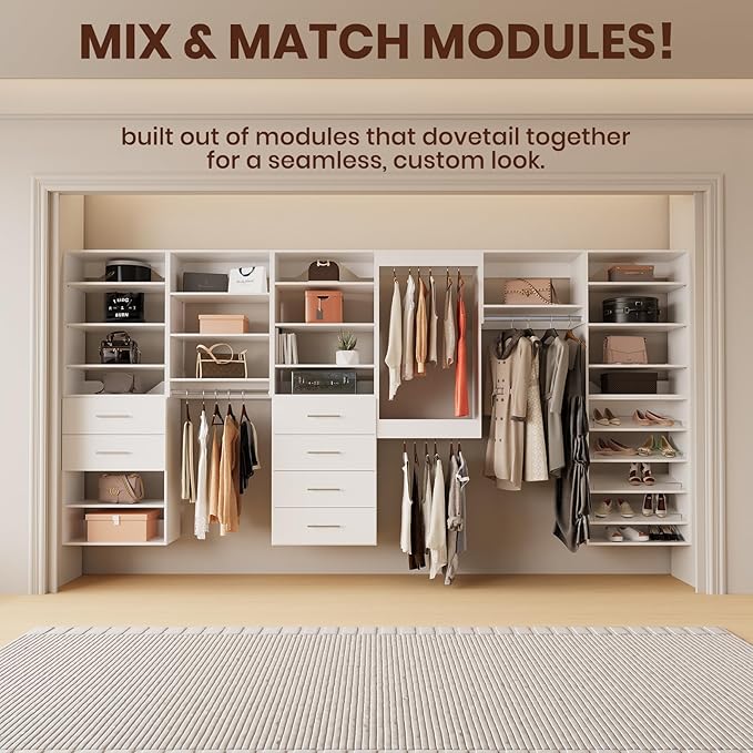 ROOMTEC 25.5" Medium Hanging Closet Unit, Modular Closet System with Hanging Rod, Wardrobe Organizer for Bedroom or Walk-in Closet, Wall Mounted, Customizable Clothes Storage Unit, White