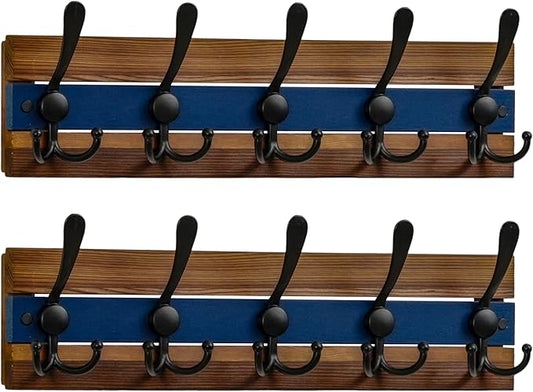 SKOLOO Rustic Wall Mounted Coat Rack - 17" Long Coat Hooks for Wall with 5 Triple Hooks for Hanging Coats, Hats or Tools, Western National Parks Collection, Wood Brown & Blue, Pack of 2