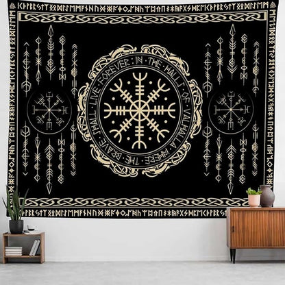 OSUNBD Nordic Vikings Tapestry Large 93x71inches Soft Flannel Vegvsir Symbol Amulet Celtic Rune Scandinavian Aesthetic Mythology Tapestry Wall Hanging for Bedroom Living Room Decor