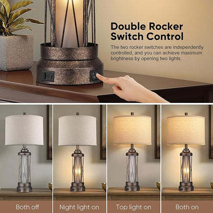 Qimh Farmhouse Table Lamps for Living Room, Rustic Nightstand Lamp for Bedroom with USB A+C Charging Ports, Frosted Glass Bedside Lamp with Night Light for Entryway End Table, 4 Bulbs Included, Bronze