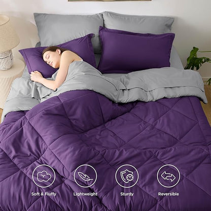 Bedsure Twin Comforter Set - 5 Pieces Reversible Purple Bedding, Twin Size Bed Set for All Seasons, Bed in a Bag with Down Alternative Comforter, Sheets, Pillowcase & Sham