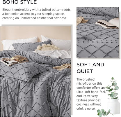 Bedsure California King Comforter Set - Grey Comforter, Boho Tufted Shabby Chic Bedding for Kids, 3 Pieces Vintage Farmhouse Bed Set for All Seasons, Fluffy Soft Bedding with 2 Pillow Shams