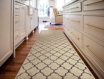 Custom Size Modern Runner Rug Carpet for Hallway Entryway Foyer Kitchen, Slip Resistant Latex Rubber Backed 31 inch Wide X Customized Length, Trellis Beige, 31 inch X 6 feet