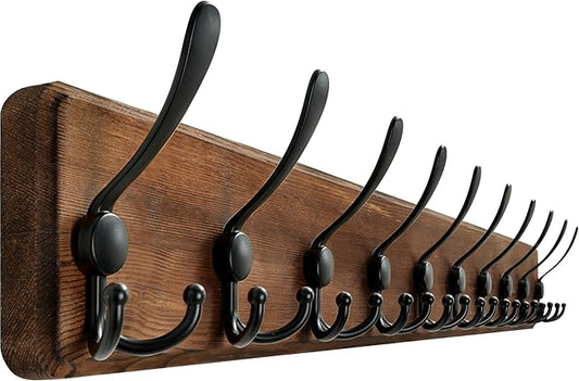 WEBI Coat Rack Wall Mount,38 9/16" Long,10 Hooks,Coat Hooks Wall Mounted,Coat Hanger Wall,Wood Hook Rack Rail,Triple Hooks for Hanging Coats,Clothes,Jacket,Brown