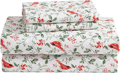 Laura Ashley - Flannel Sheets King Size, Anti-Pilling & Wrinkle Resistant Cotton, Touchably Soft for All-Season Comfort - Bed Sheets with Matching Pillowcases & Fitted Sheet (Jolly Cardinals Green)