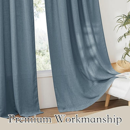 RYB HOME Stone Blue Semi Sheer Curtains, Natural Linen Blend Drapes Light Filtering Privacy Protected Back Tab Curtain Panels for Cottage Study Room Attic 52 x 72 inch, 2 Panels Set