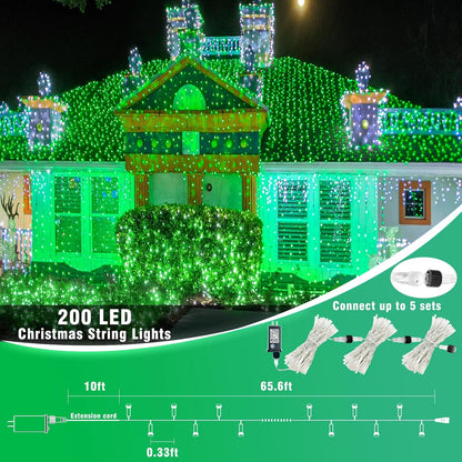 Vivideal 200 LED String Lights Indoor 66FT Green Christmas Lights Outdoor | Connectable Twinkle Fairy Lights Plug in 8 Modes Clear Wire for Classroom Xmas Tree Decorations