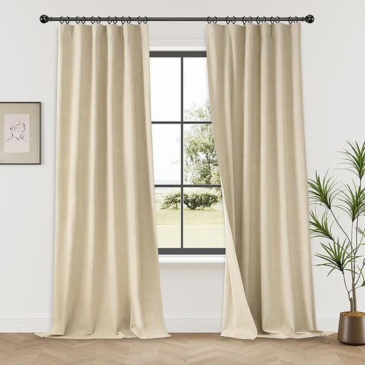 KangBang Beige Room Darkening Curtains 96 Inches Long, Blackout Linen Curtains Farmhouse Back Tab Drapes for Living Room, Thermal & Noise Reducing Morden Window Panels(52Wx96L, Natural Beige, 2 PCs)