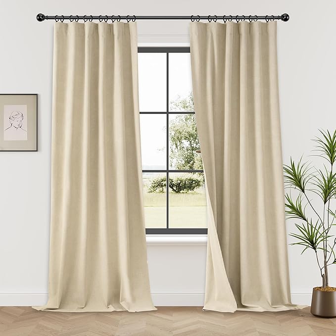 KangBang Extra Wide Blackout Curtains for Sliding Doors, Farmhouse Latte Beige Linen Curtains for Sliding Glass Door, Back Tab/Rod Pocket/Hook Belt 60 Width by 108 inch Length,2 Panels
