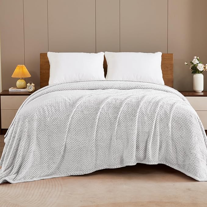 Exclusivo Mezcla Fleece Bed Blanket Queen Size, Super Soft and Warm Blankets for Couch, Sofa and Bed Waffle Textured, Cozy, Fuzzy and Lightweight (Mixed Light Grey, 90x90 Inches)