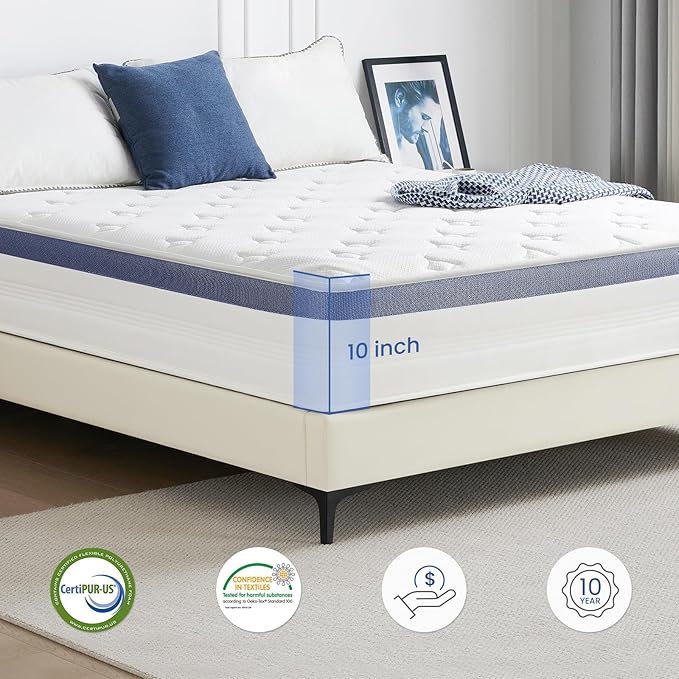 10 Inch Twin Size Mattress Hybrid Mattress in a Box with Gel Memory Foam, Individually Pocketed Springs for Support and Pressure Relief - Medium Firm