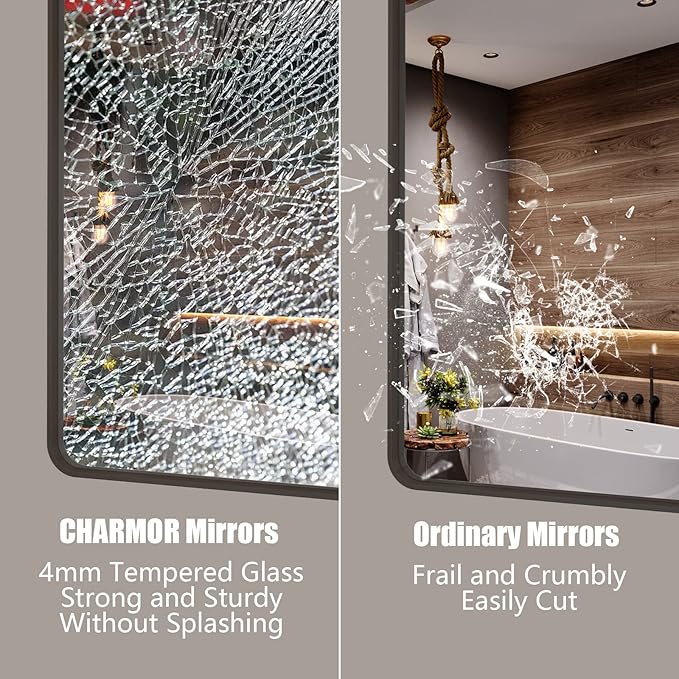 40x30 Bronze Brushed Bathroom Mirror for Wall, Brushed Metal Framed Bathroom Vanity Mirror, Modern Rectangle Mirror, Rounded Corner, Shatterproof, Anti-Rust (Horizontal/Vertical)