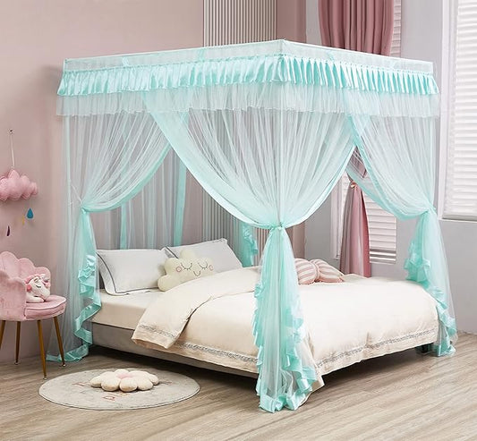 Mengersi 4 Corners Canopy Bed Curtains for Girls Kids Adults - Bed Drapes - 4 Opening Mosquito Net - Cute Princess Bedroom Decoration (Queen, Sky Blue)