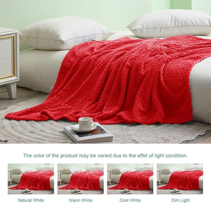 Exclusivo Mezcla Fleece Queen Size Blanket for Bed, 90x90 Inches Soft Cozy Jacquard Flannel Blankets, Lightweight Fuzzy Plush Warm for Winter, Red