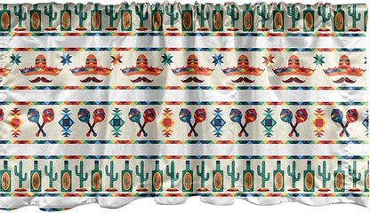 Ambesonne Mexican Window Valance, Latin American Cultural Native Borders Indigenous Saguaro Sombrero Tequila Bottle, Curtain Valance for Kitchen Bedroom Decor with Rod Pocket, 54" X 18", Jade Green
