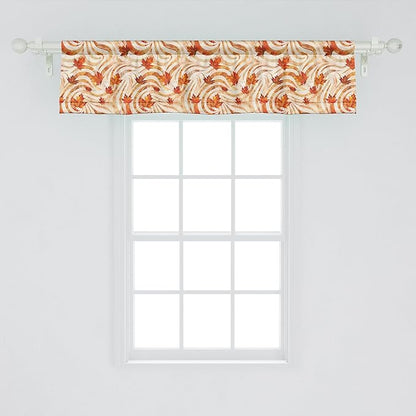 Ambesonne Fall Window Valance, Autumnal Theme with Swirly Intricate Shapes and Flying Leaves Print, Curtain Valance for Kitchen Bedroom Decor with Rod Pocket, 54" X 12", Ginger Marigold and Beige