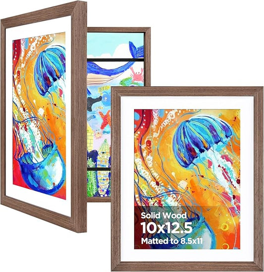 KINLINK 10x12.5 Kids Art Frames Set of 2, Solid Wood Kids Artwork Frames Changeable with Acrylic Front Opening Holds 150 Pictures, Art Frame for Kids Artwork with Mat or without Mat, Brown Wood