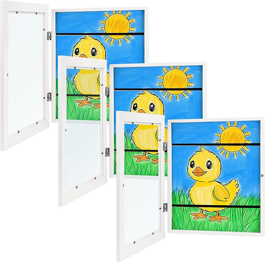 Zenacolor Kids Artwork Frames Changeable - Front-Opening to Display & Store 100 pcs - Set of 3 Kids Art Frame Includes Wall Hooks & Stand - 8.5x11cm - White