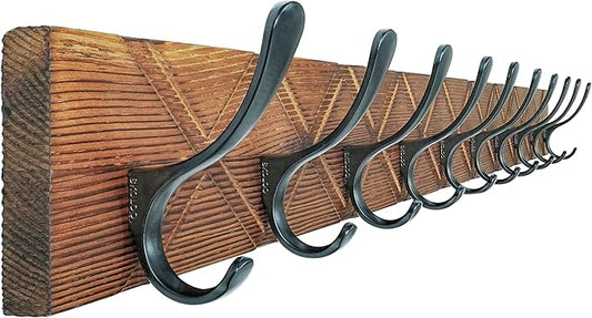 SKOLOO Coat Rack Wall Mount - Antique Wooden Carved- X Cross Coat Hook, Wall Coat Hanger with 10 Hooks for Hanging Coats, Hats, Clothing, Scarfs, Brown & Black