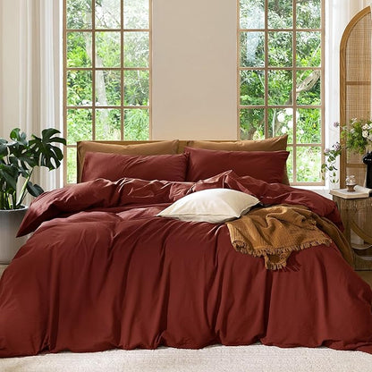 MooMee Bedding Duvet Cover Set 100% Washed Cotton Linen Like Textured Breathable Durable Soft Comfy (Solid Fired Brick Red, Oversized Queen 98"x98")