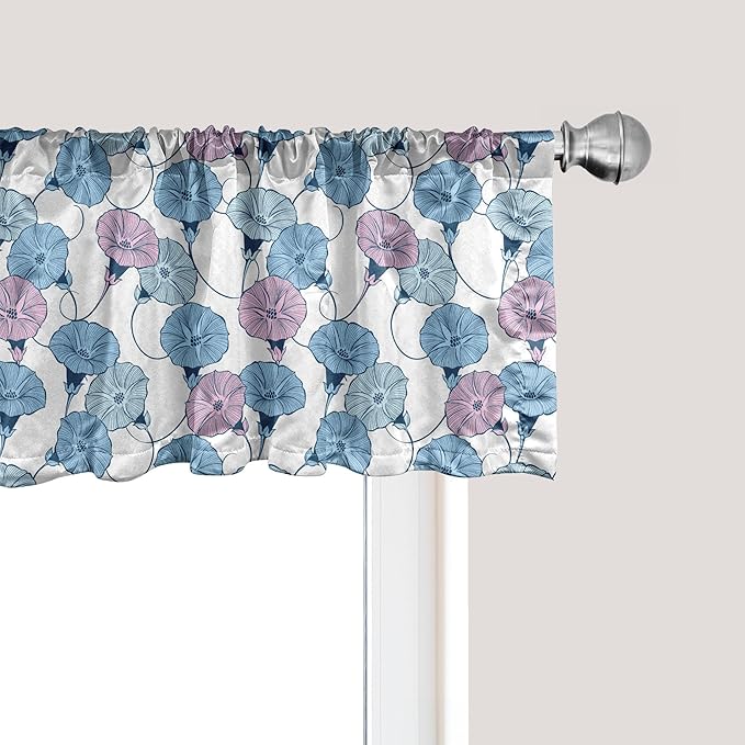 Ambesonne Flower Window Valance, Delicate Pastel Spring Trill Bindweeds, Curtain Valance for Kitchen Bedroom Decor with Rod Pocket, 54" X 18", Blue Grey Mauve