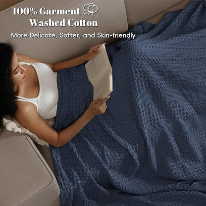 PHF 100% Cotton Waffle Weave Blanket Twin Size for Bed, Soft Lightweight & Breathable, All-Season Comfort, Luxury Aesthetic Woven Bedding for Home Decor, 66"x90", Indigo
