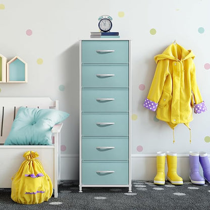 Sorbus Fabric Dresser for Kids Bedroom - Chest of 6 Drawers, Tall Storage Tower, Clothing Organizer, for Closet, for Playroom, for Nursery, Steel Frame, Fabric Bins - Wood Handle (Aqua)