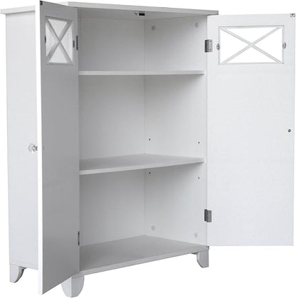 Teamson Home Dawson Wooden Freestanding Floor Cabinet with 1 Fixed 1 Adjustable Shelves 3 Storage Spaces 2 Glass Paneled Doors and 2 Clear Knobs, White