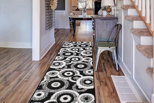 Custom Length Cut to Size Modern Farmhouse Carpet Runner Rug for Hallways, Non Slip Rubber Backed, 31 inch Wide X Customized Length, Geo Black, 31 inch X 24 feet