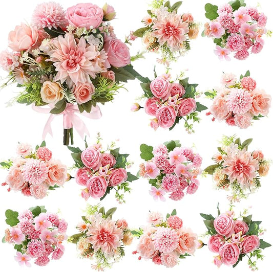 Zeyune 12 Bundles Artificial Peonies Flowers Artificial Silk Rose Faux Dahlia Fake Chamomile Hydrangea Bouquet Bulk for Vase Home Wedding Centerpiece Party Decoration(Blush Pink,Sweet)