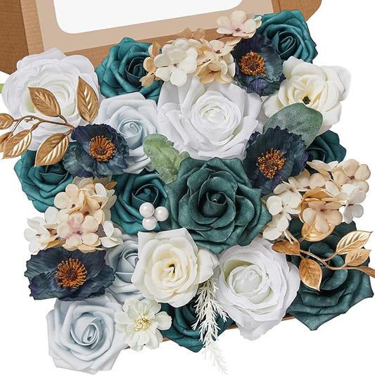 Alecono Artificial Flowers, Silk Flowers with Stems Wedding Flowers Combo Box Set for DIY, Bluish Green Wedding Cake Flowers for St. Patrick's Day Decorations