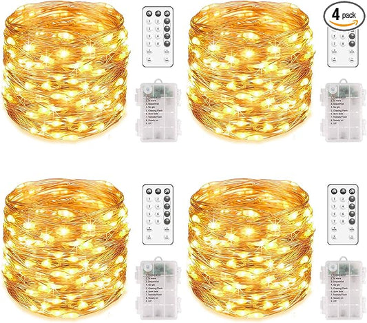 MUMUXI 4 Pack 20 ft Remote Control Fairy Lights Battery Operated String Lights with Timer, 60 LED Twinkle LEDs, Outdoor Waterproof Copper Wire Firefly Lights, Warm White