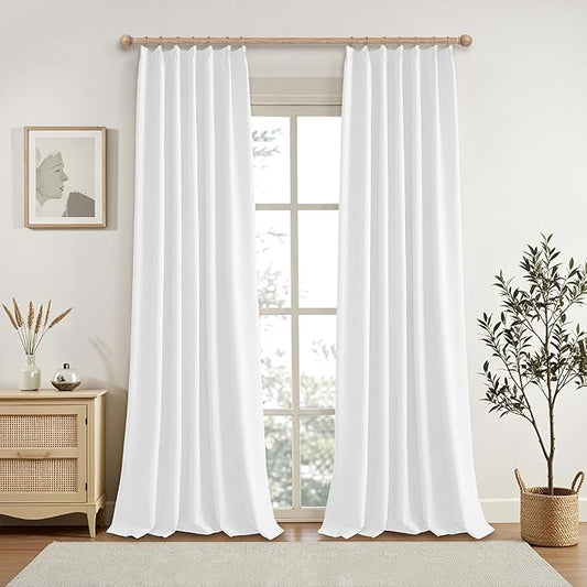 KangBang White Blackout Linen Curtains 96 Inches Long-Pinch Pleated Drapes for Living Room Office Hotel with Hooks, Room Darkening Vertical Curtains & Drapes 2 Panels,40Wx96L, Pure White