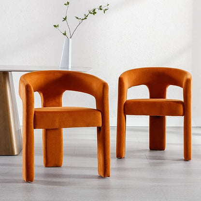 Modern Barrel Dining Chairs Set of 4, Velvet Upholstered Accent Side Chair with Arms Comfy Makeup Vanity Chairs, Dining Living Room Kitchen Chairs, Orange
