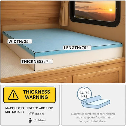 Foamma 7" x 35" x 79" Gel Memory Foam RV Bunk Mattress Replacement, Medium Firm, Pressure Relieving, Cooling Premium Comfort, USA Made, No Cover