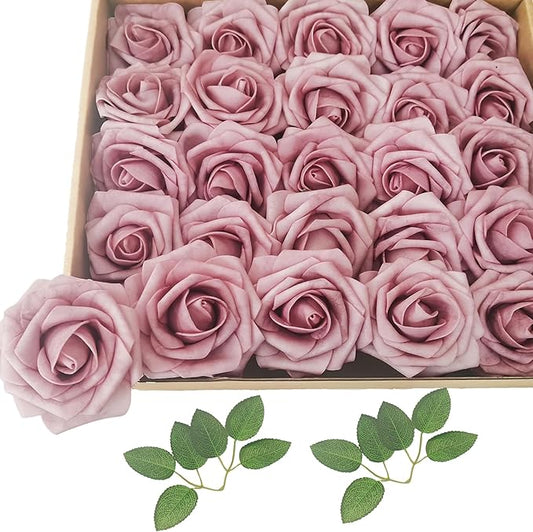 Artificial Flowers 25pcs Fake Roses, Brick Red Foam Rose Faux Flower for DIY Wedding Bouquets Bridal Shower Centerpieces Floral Arrangements Home Decorations Party Backdrops Table
