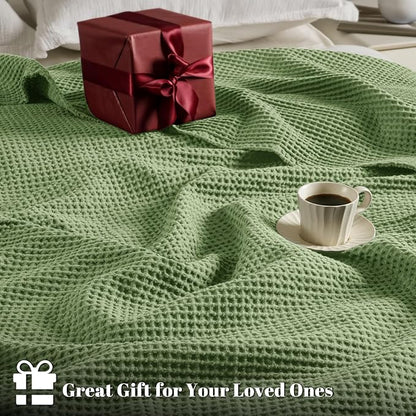 PHF 100% Cotton Waffle Weave Blanket Queen Size for Bed,Snag Proof Lightweight Breathable Moisture-Wicking Throw for Couch,Great for Layering in Cold Weather,Machine Washable, Home Decor-Loden Green