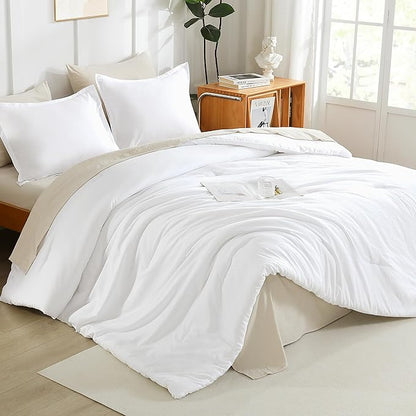 Litanika White Comforters Oversized Queen Size, 3 Pieces Lightweight Solid Bedding Comforter Set, All Season Fluffy Bed Set (98x98In Comforter & 2 Pillowcases)