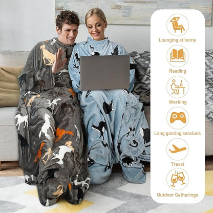 Catalonia Wearable Fleece Blanket with Sleeves and Foot Pockets for Adult Women Men, Micro Plush Comfy Wrap Sleeved Throw Blanket Robe Large, Taupe Horse