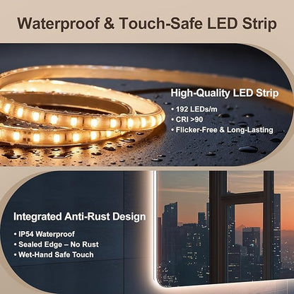 48''x30'' Lighted Mirrors for Bathroom Wall Backlit Rectangular Rounded Corners, LED Bathroom Mirror Frameless with Lights Anti Fog, Dimmable, 3 Colors,Tempered Glass, Shatter-Proof
