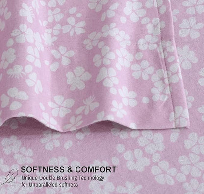 RUVANTI Flannel Sheets Twin XL Size - 100% Cotton Double Brushed Twin XL Sheet Sets, Deep Pockets 16 Inches, All Seasons Breathable & Extra Soft Bed Sheets, Warm & Cozy, 3 Piece, Pink Flora